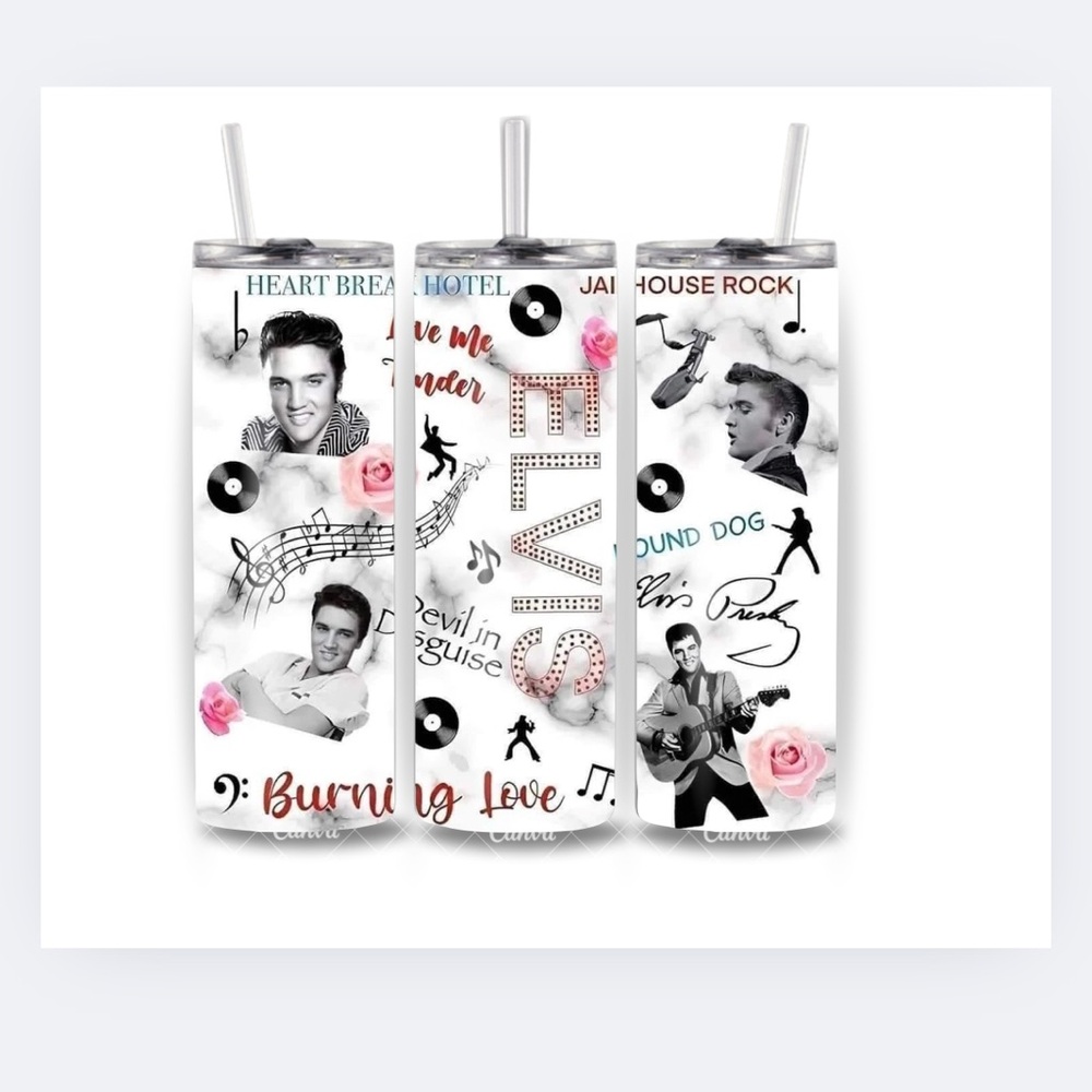 Elvis Presley Themed Tumbler - White and Black 20 Oz Stainless Steel